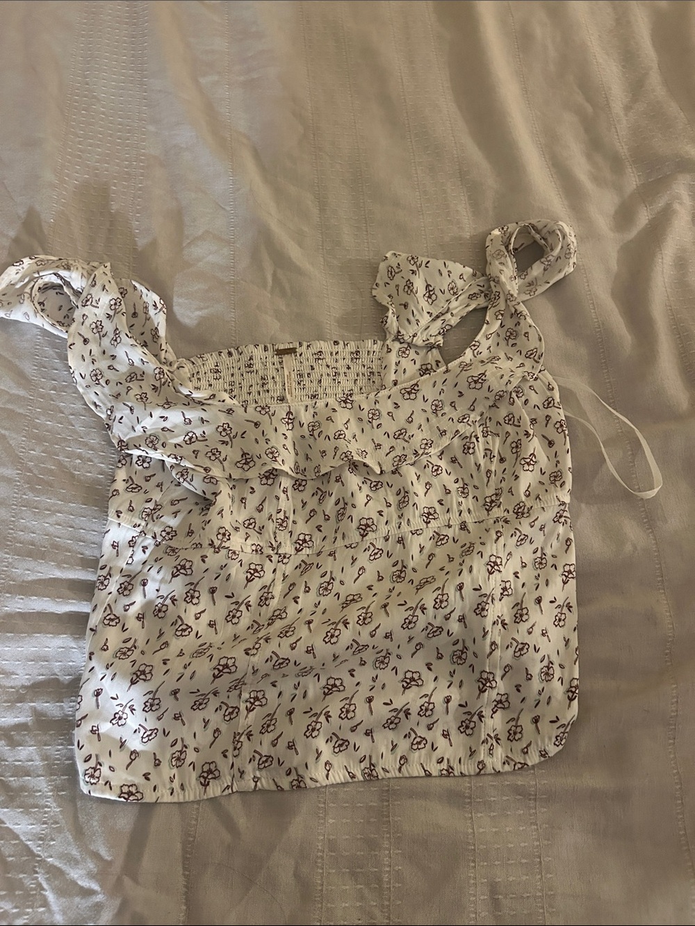 Free People White Floral Tie-Shoulder Smocked Cami